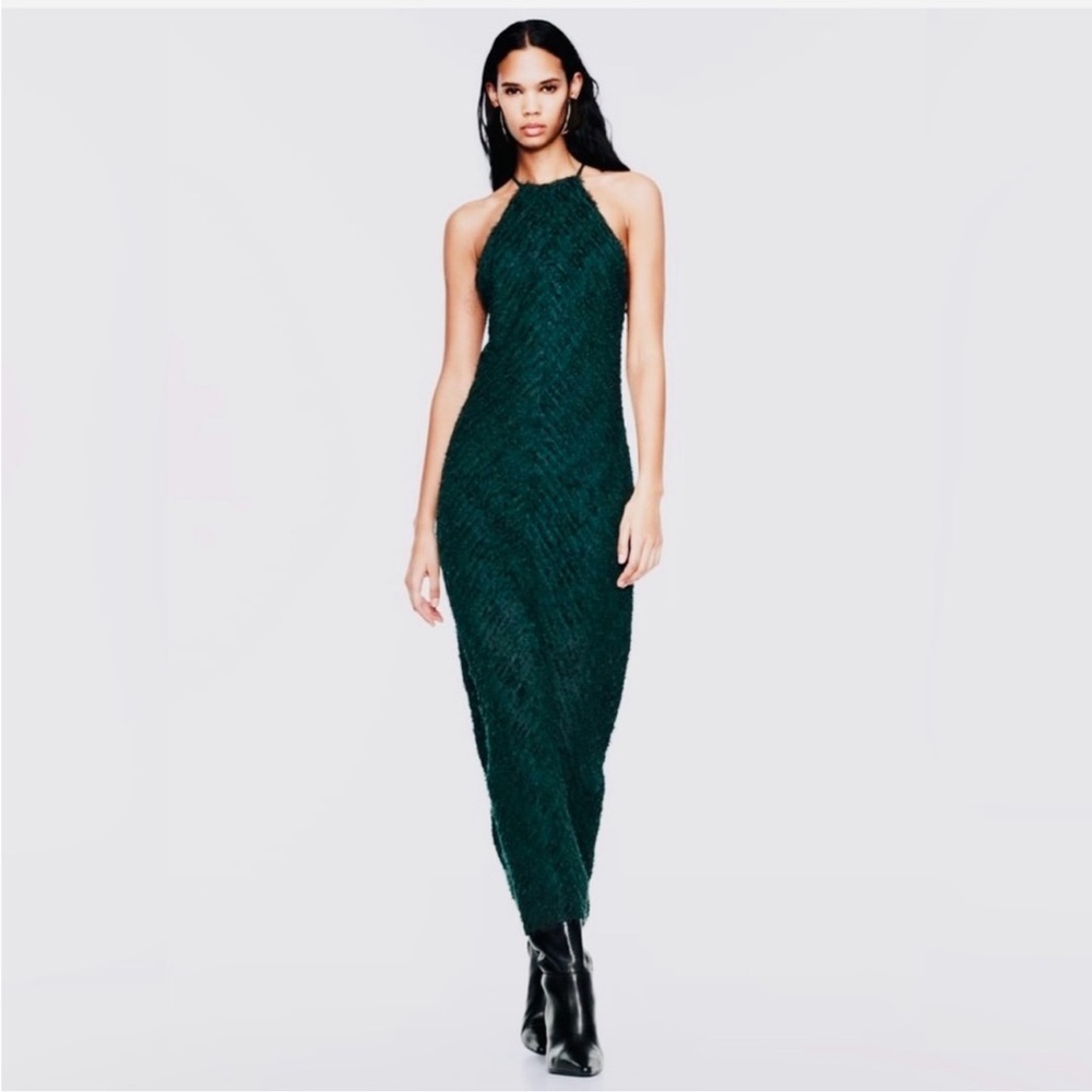 Zara halter maxi green dress with fringe sz. M
